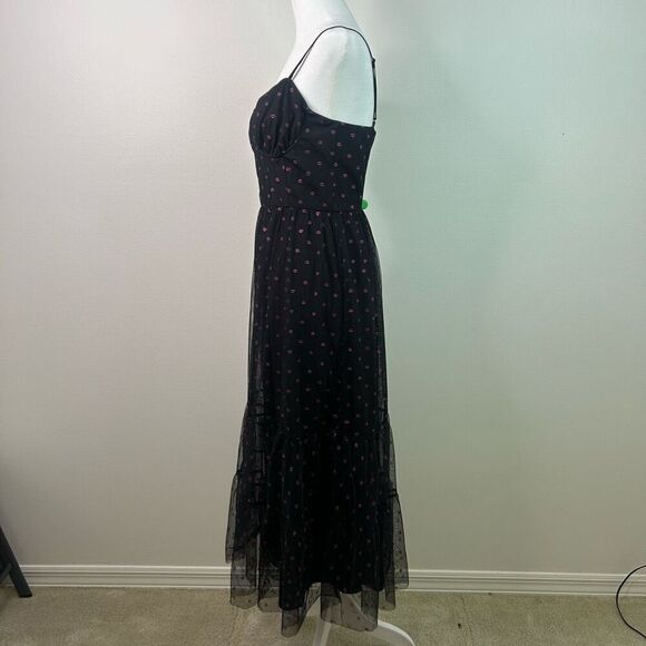 Betsey Johnson Vintage Black Mesh Midi Dress Pink Lip Fairy Goth Y2K Size 8 - Picture 6 of 14